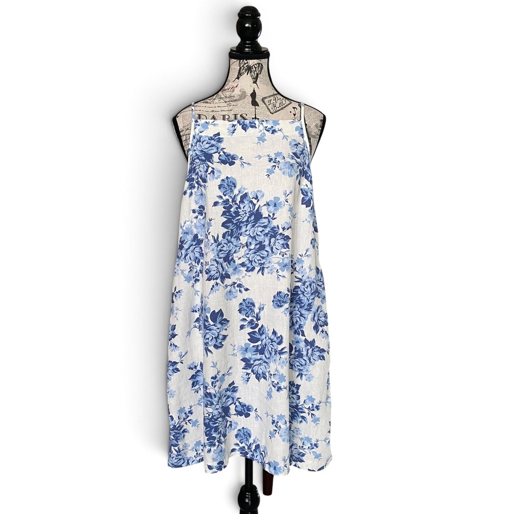 Old Navy Cami Dress Womens L Blue White Floral Linen Blend Shift Mini Coastal